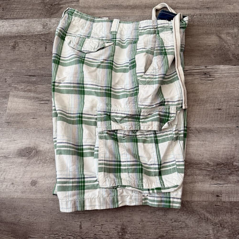Aeropostale Cargo Shorts Men 36 Green Plaid 11” Inseam Distressed Drawstring Y2K